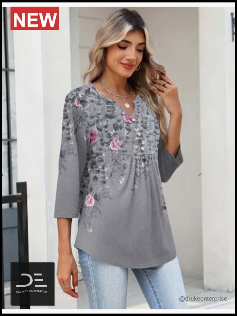 Womens 3/4 Sleeve V Neck Pleated Tunic Tops Dressy Casual Blouses - Picture 5 of 7